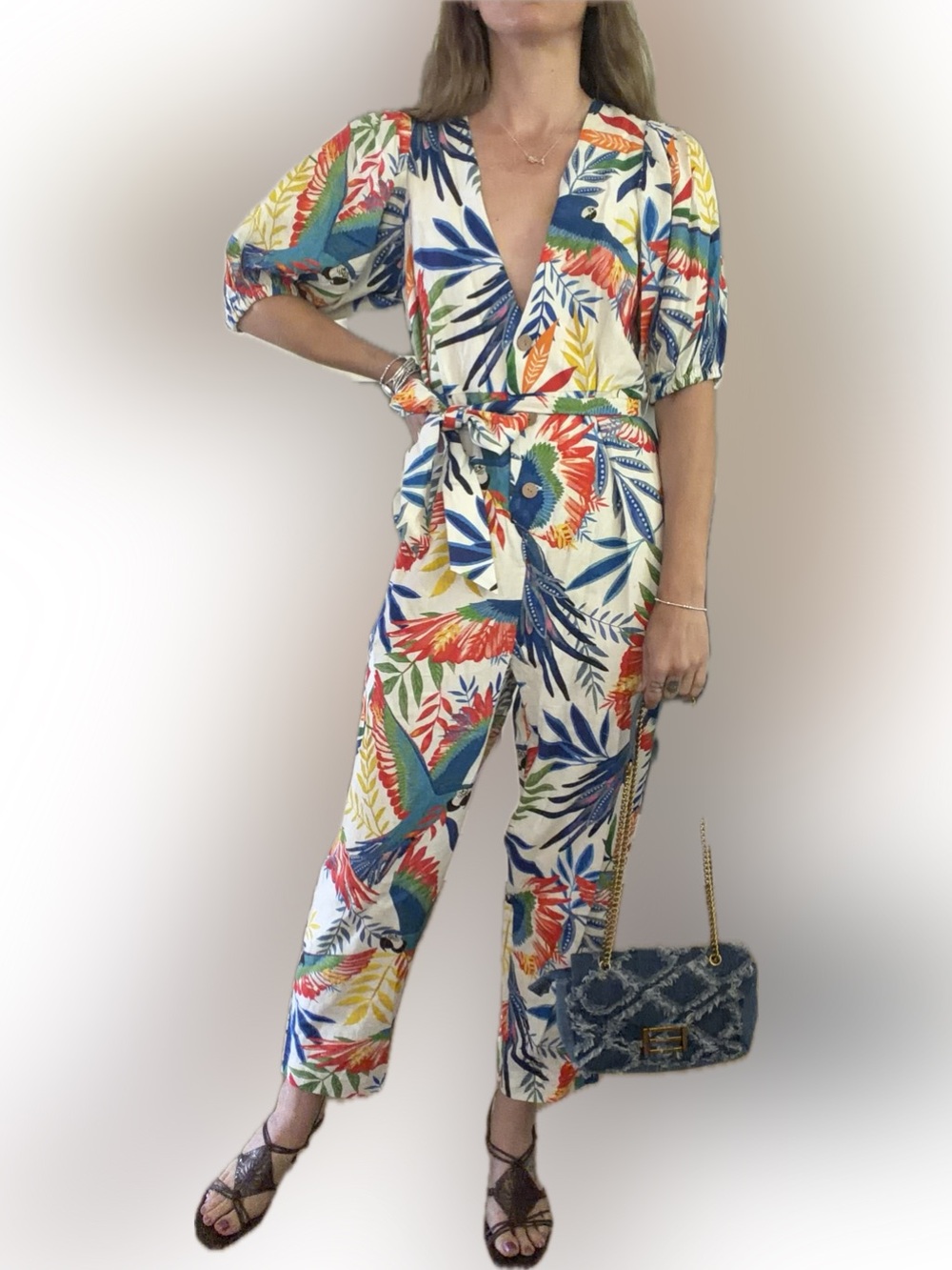 FARM Rio V-Neck Tropical Parrot Print Jumpsuit in Multi